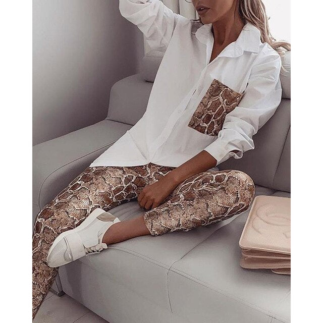 Ladies Casual Streetwear Outfit Two Piece Set Snake Pattern Print Long Sleeve Loose Shirt And Pants