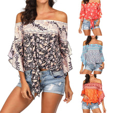 Load image into Gallery viewer, Slash neck Half Off Shoulder Beach Sunscreen Trumpet Sleeves Top Blouse