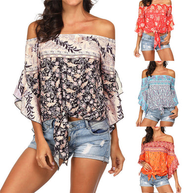 Slash neck Half Off Shoulder Beach Sunscreen Trumpet Sleeves Top Blouse