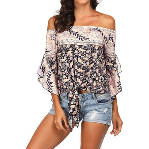 Slash neck Half Off Shoulder Beach Sunscreen Trumpet Sleeves Top Blouse