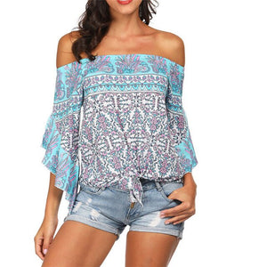 Slash neck Half Off Shoulder Beach Sunscreen Trumpet Sleeves Top Blouse