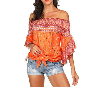 Slash neck Half Off Shoulder Beach Sunscreen Trumpet Sleeves Top Blouse