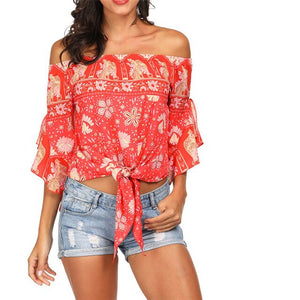 Slash neck Half Off Shoulder Beach Sunscreen Trumpet Sleeves Top Blouse