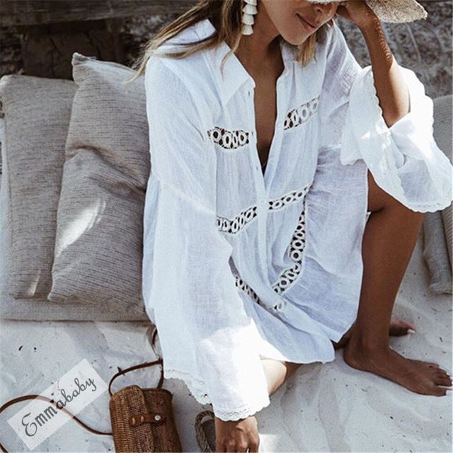 Casual Bikini Cover Up Swimsuit Beach Dress Women Ladies Bathing Suit Loose Casual Dress Long Sleeve Cover-Ups