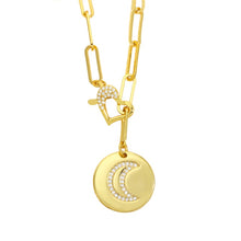 Load image into Gallery viewer, FLOLA Gold Curb Chain Heart Evil Eye Necklace Round Disc Moon Star Pendant Necklace CZ Pave Cubic Zirconia Jewelry Gifts nket15