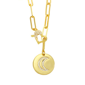 FLOLA Gold Curb Chain Heart Evil Eye Necklace Round Disc Moon Star Pendant Necklace CZ Pave Cubic Zirconia Jewelry Gifts nket15