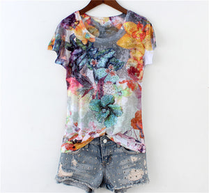 floral t shirt women short sleeve o-neck thin silk cotton tops - BohoPlace 