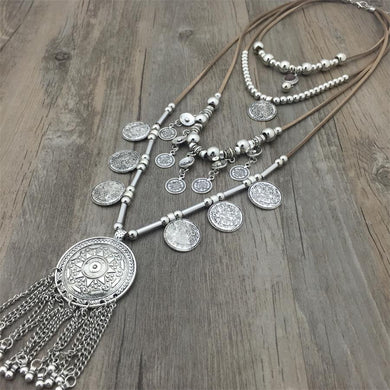 Handmade Silver Coin Pendants Long String Leather Necklace - BohoPlace 