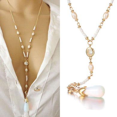 Long Moonstone Pearl Pendant Necklace Chain