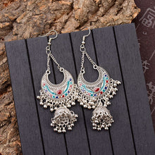 Load image into Gallery viewer, TopHanqi Gypsy Jewelry Indian Jhumka Long Small Bell Fringed Tassel Earrings Antique Ethnic Silver Alloy Drop Earrings For Women - BohoPlace 