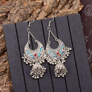 TopHanqi Gypsy Jewelry Indian Jhumka Long Small Bell Fringed Tassel Earrings Antique Ethnic Silver Alloy Drop Earrings For Women - BohoPlace 