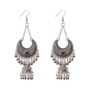 TopHanqi Gypsy Jewelry Indian Jhumka Long Small Bell Fringed Tassel Earrings Antique Ethnic Silver Alloy Drop Earrings For Women - BohoPlace 