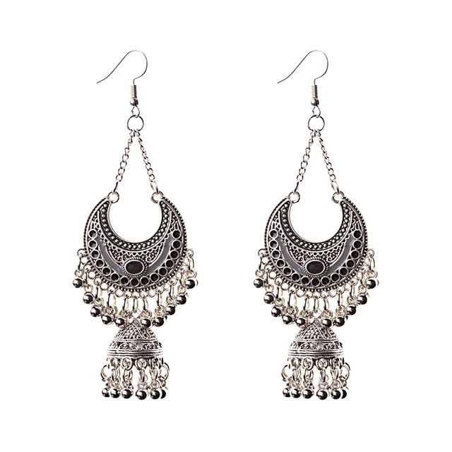 TopHanqi Gypsy Jewelry Indian Jhumka Long Small Bell Fringed Tassel Earrings Antique Ethnic Silver Alloy Drop Earrings For Women - BohoPlace 