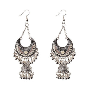 TopHanqi Gypsy Jewelry Indian Jhumka Long Small Bell Fringed Tassel Earrings Antique Ethnic Silver Alloy Drop Earrings For Women - BohoPlace 