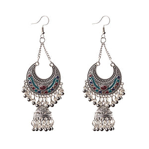 TopHanqi Gypsy Jewelry Indian Jhumka Long Small Bell Fringed Tassel Earrings Antique Ethnic Silver Alloy Drop Earrings For Women - BohoPlace 